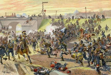 Het 1e Beierse Korps bestormt een spoorwegdijk buiten Orléans, Frans-Pruisische Oorlog, 11 oktober 1870